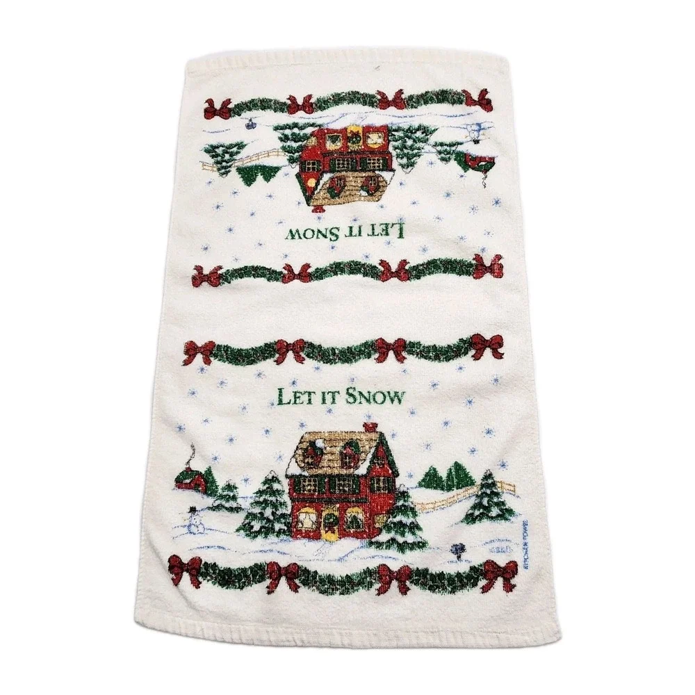 Vintage Cannon Christmas Themed Hand Towels Lot of 4 24x14 Cat Bells Wreath Snow